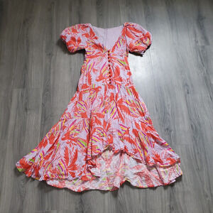 Farm Rio Dress Small Maxi High Low Red Purple Birds Puffed Sleeve Boho Colorful